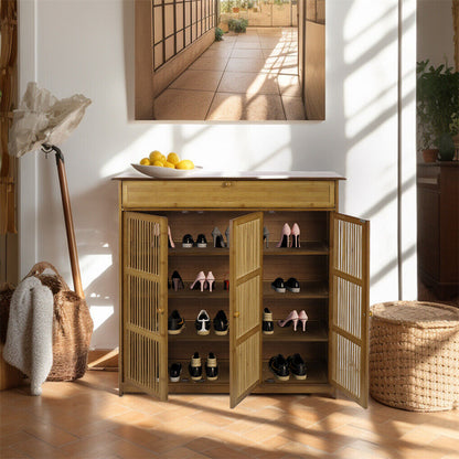 Four tier wooden shoe cabinet with three slatted doors and a drawer