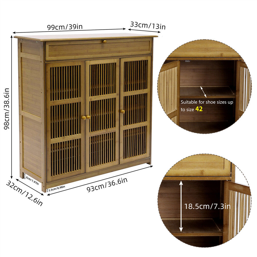 Four tier wooden shoe cabinet with three slatted doors and a drawer