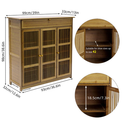 Four tier wooden shoe cabinet with three slatted doors and a drawer