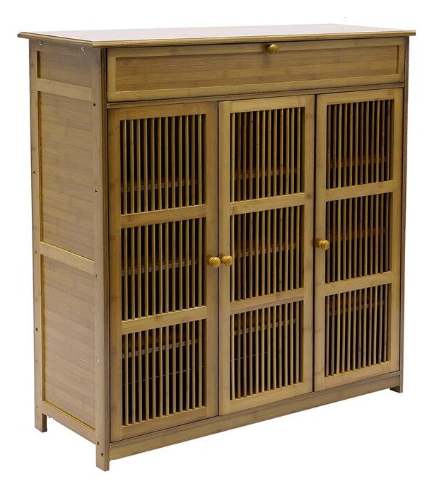 Four tier wooden shoe cabinet with three slatted doors and a drawer