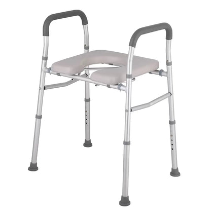 White heavy duty bedside commode chair with padded seat and armrests