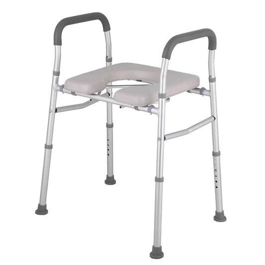 White heavy duty bedside commode chair with padded seat and armrests