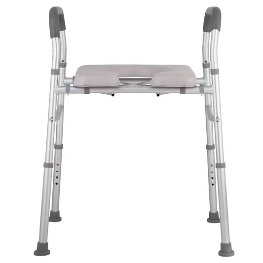 White heavy duty bedside commode chair with padded seat and armrests