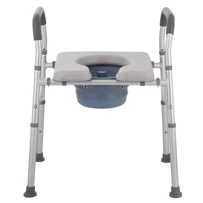 White heavy duty bedside commode chair with padded seat and armrests