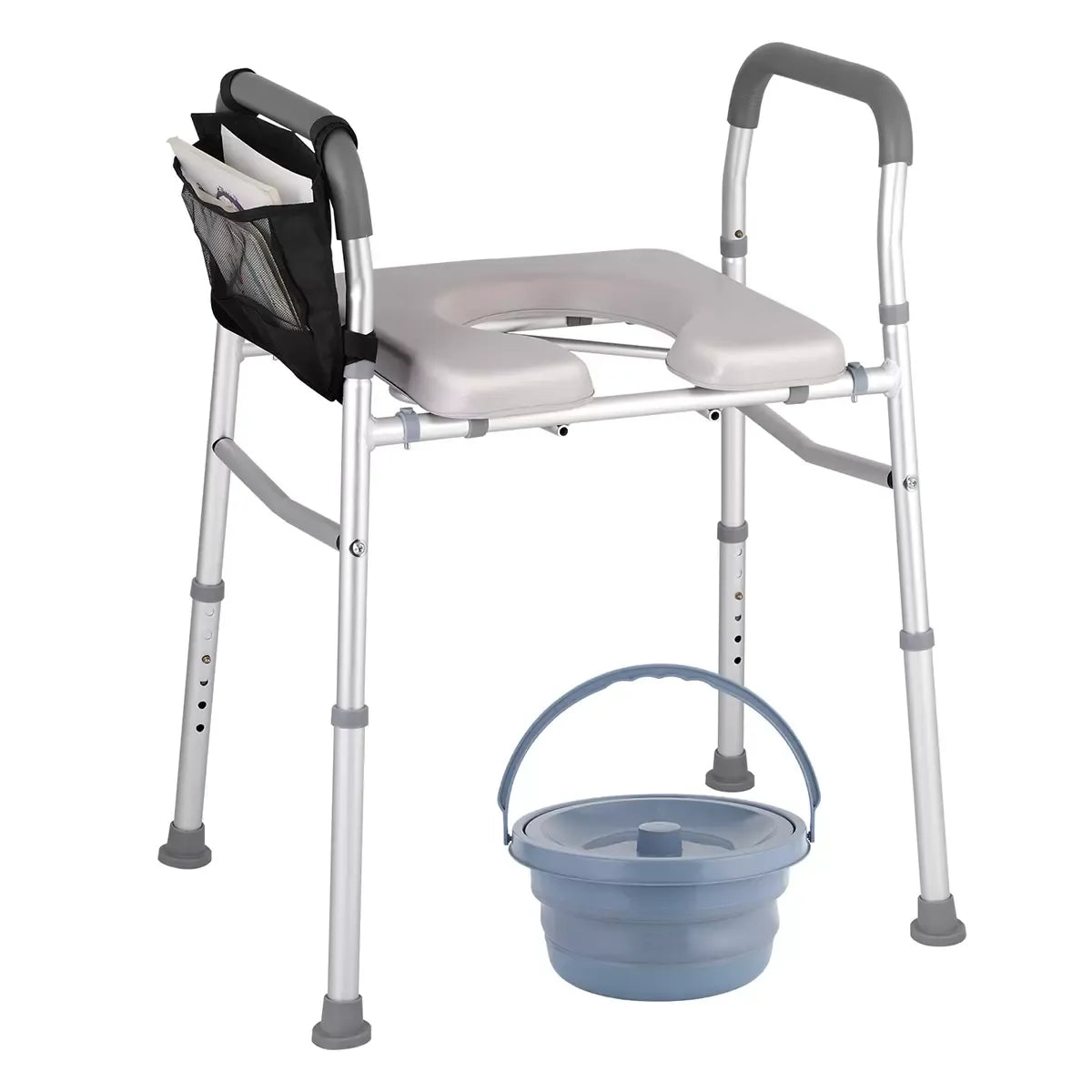 White heavy duty bedside commode chair with padded seat and armrests