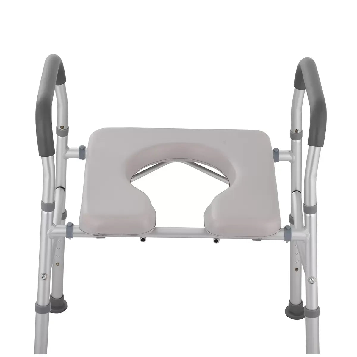White heavy duty bedside commode chair with padded seat and armrests