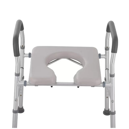 White heavy duty bedside commode chair with padded seat and armrests