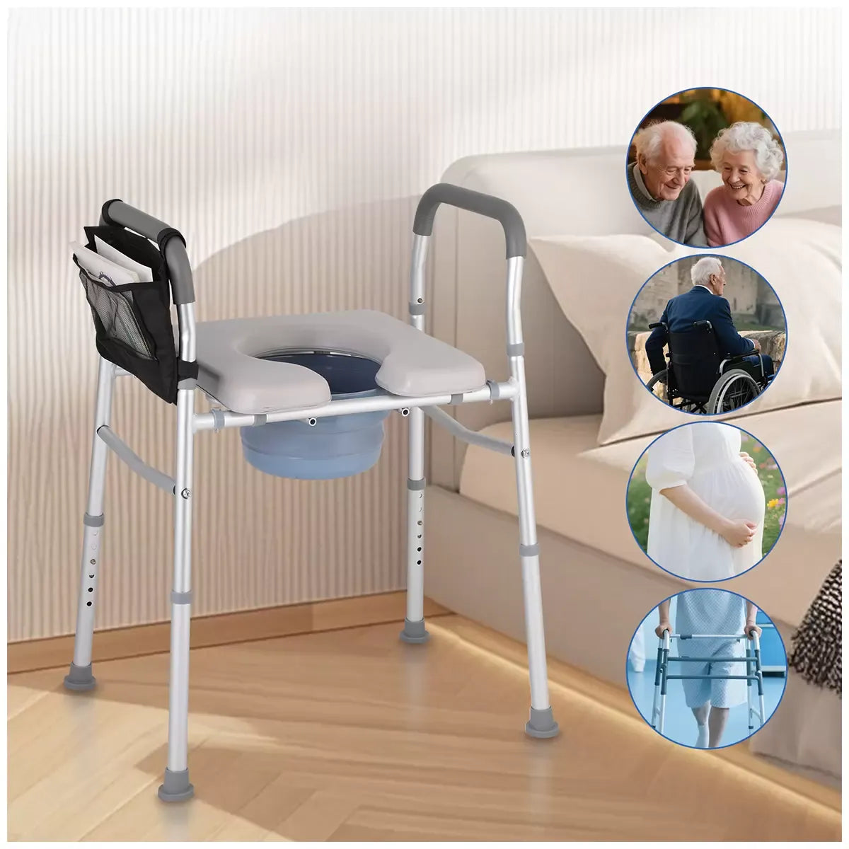 White heavy duty bedside commode chair with padded seat and armrests