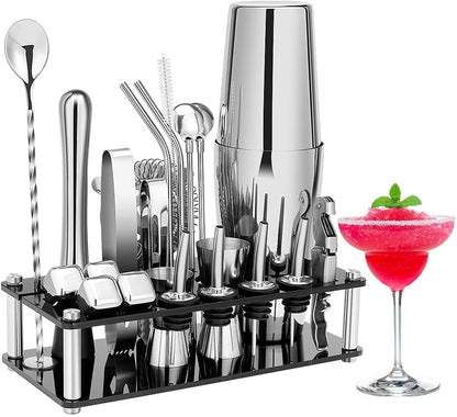 23-piece stainless steel Boston cocktail shaker set with acrylic stand and bar tools