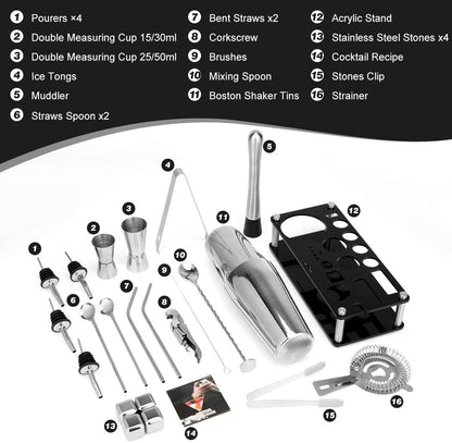 23-piece stainless steel Boston cocktail shaker set with acrylic stand and bar tools