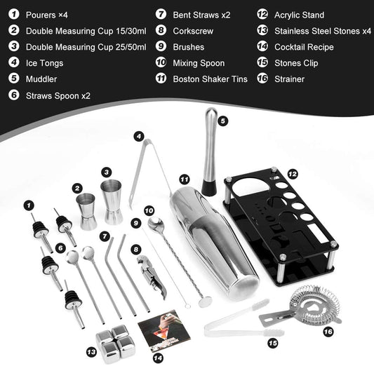 23-piece stainless steel Boston cocktail shaker set with acrylic stand and bar tools