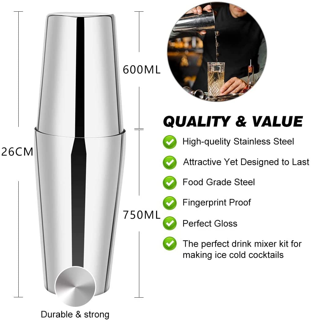 23-piece stainless steel Boston cocktail shaker set with acrylic stand and bar tools