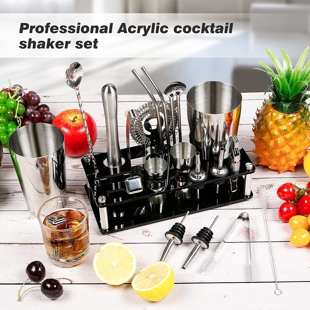 23-piece stainless steel Boston cocktail shaker set with acrylic stand and bar tools