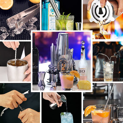 23-piece stainless steel Boston cocktail shaker set with acrylic stand and bar tools