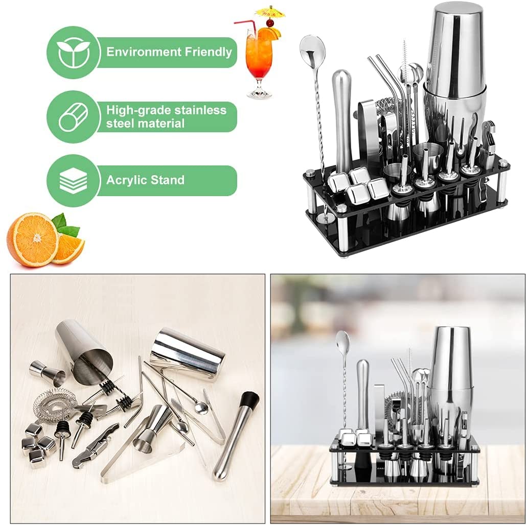 23-piece stainless steel Boston cocktail shaker set with acrylic stand and bar tools