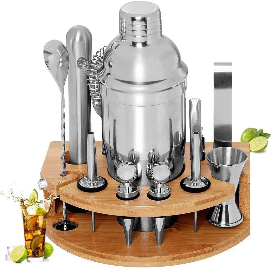 12 piece stainless steel cocktail shaker set with bamboo rack and bar tools