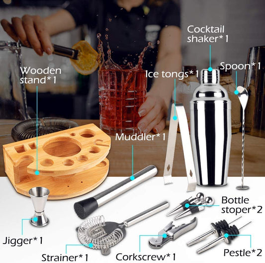 12 piece stainless steel cocktail shaker set with bamboo rack and bar tools