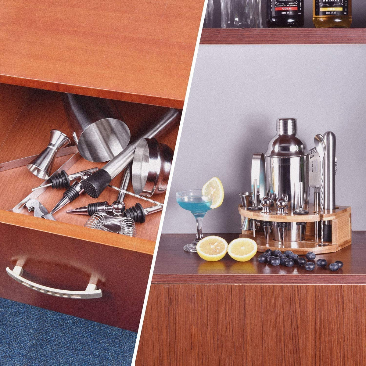 12 piece stainless steel cocktail shaker set with bamboo rack and bar tools