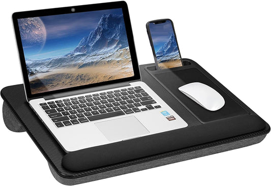 Black portable laptop desk with cushioned lap base, mouse pad and phone holder