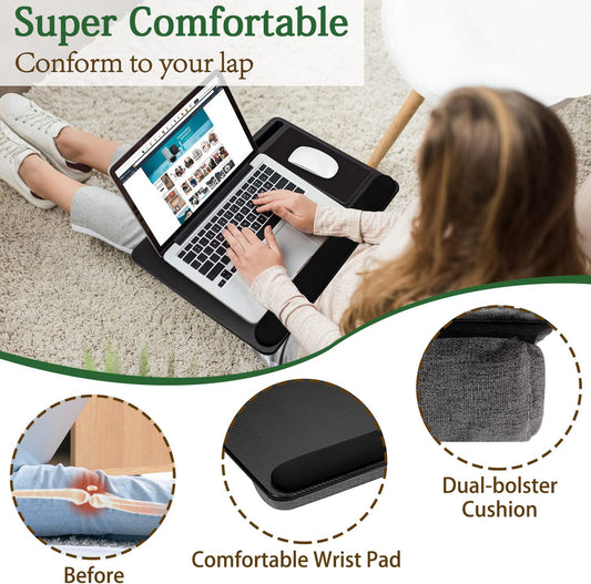 Black portable laptop desk with cushioned lap base, mouse pad and phone holder