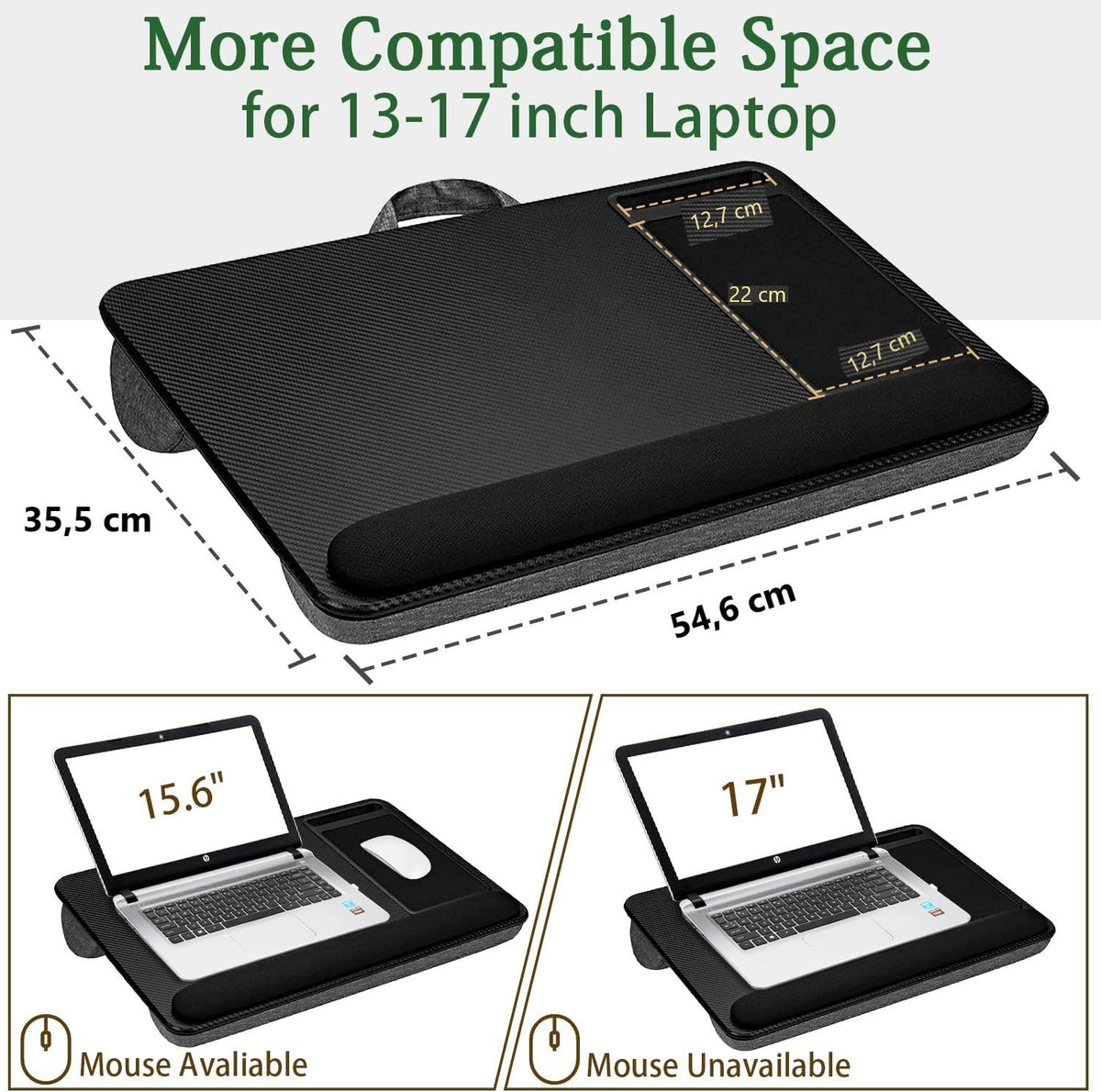 Black portable laptop desk with cushioned lap base, mouse pad and phone holder