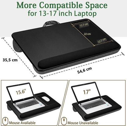 Black portable laptop desk with cushioned lap base, mouse pad and phone holder