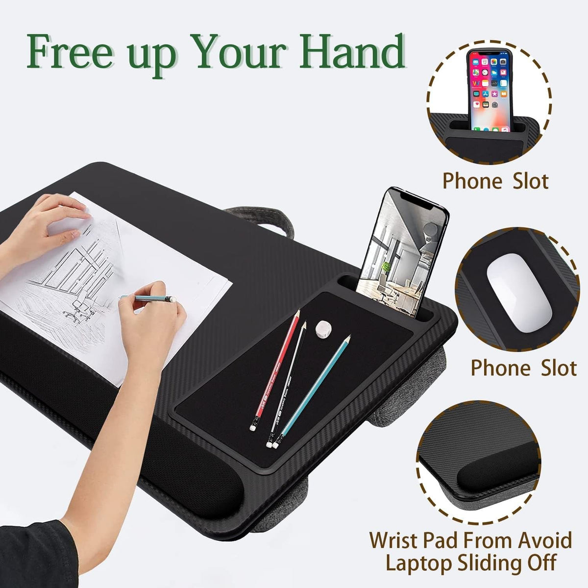 Black portable laptop desk with cushioned lap base, mouse pad and phone holder
