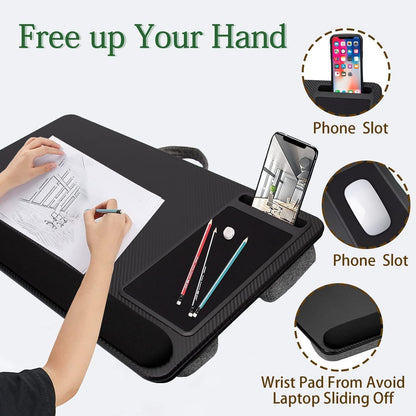 Black portable laptop desk with cushioned lap base, mouse pad and phone holder