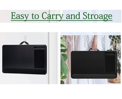 Black portable laptop desk with cushioned lap base, mouse pad and phone holder