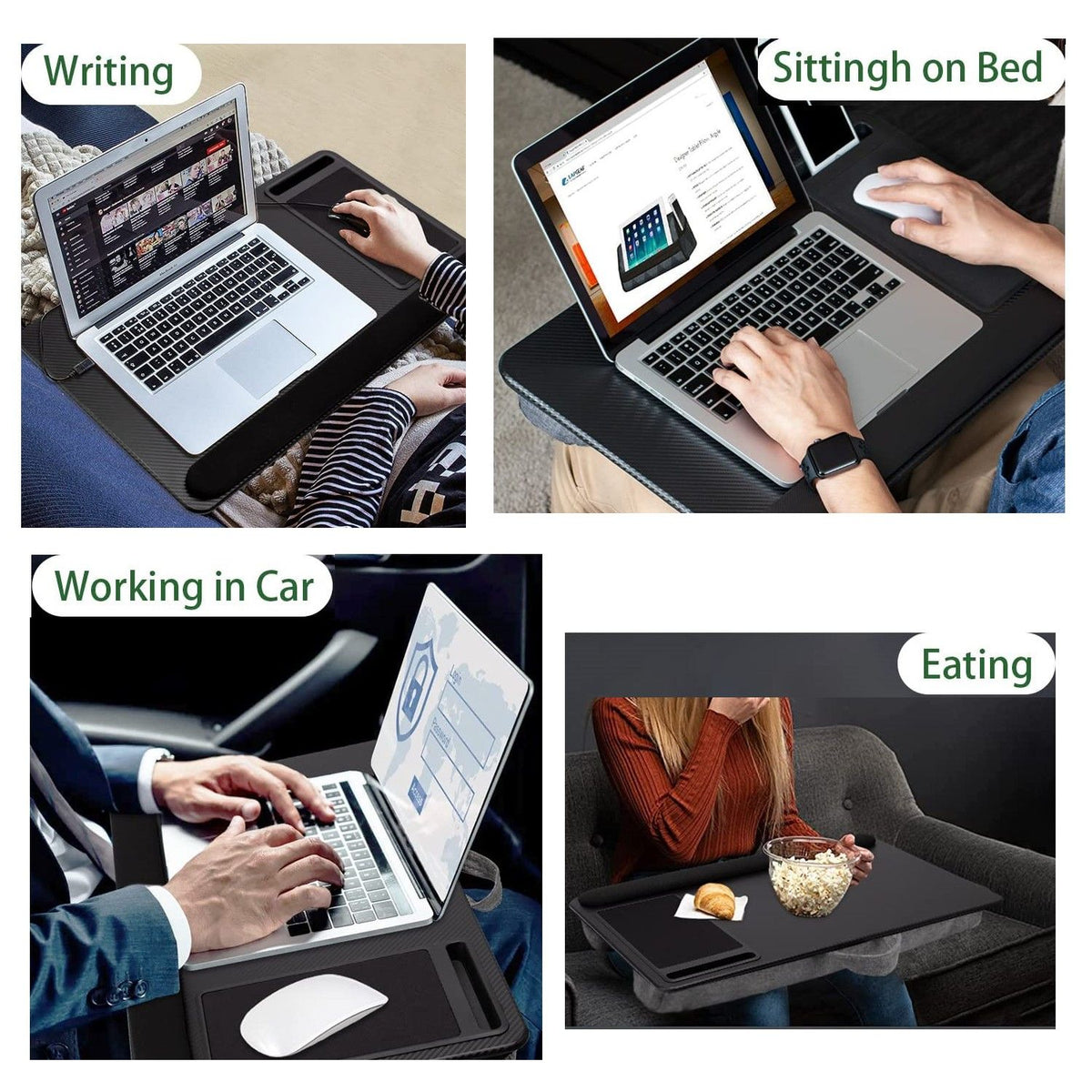 Black portable laptop desk with cushioned lap base, mouse pad and phone holder