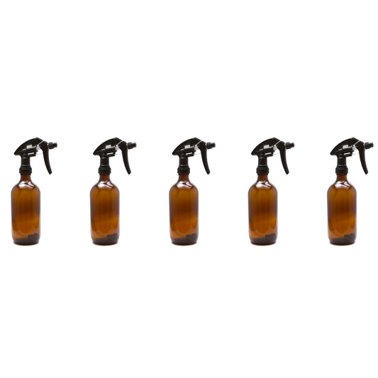 Five amber glass 500ml spray bottles with black trigger heads