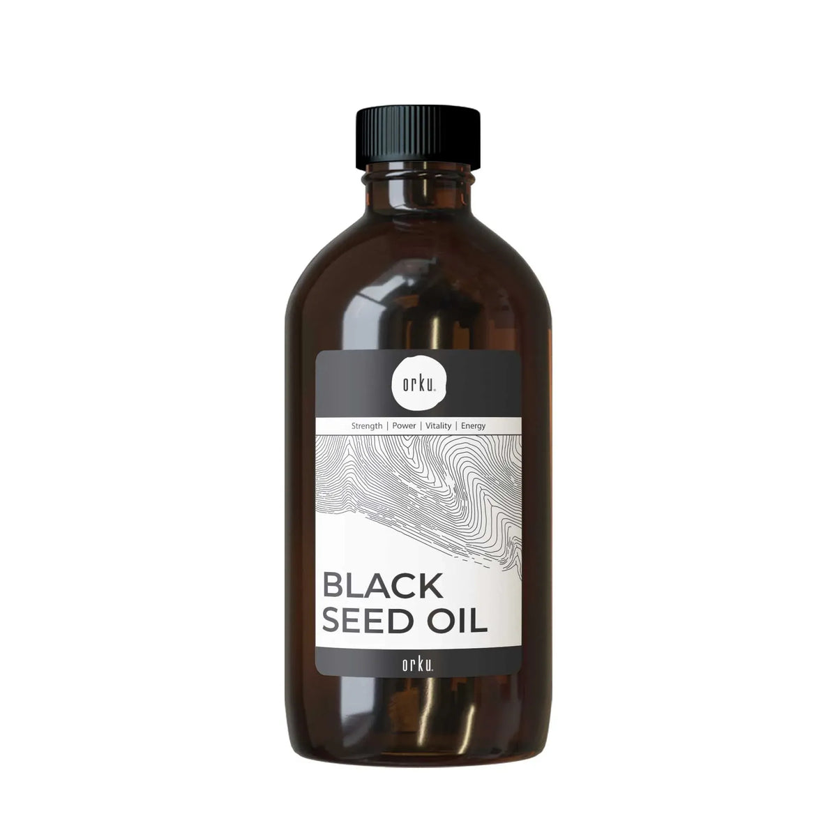 Amber bottle of Orku black seed oil shown standing upright