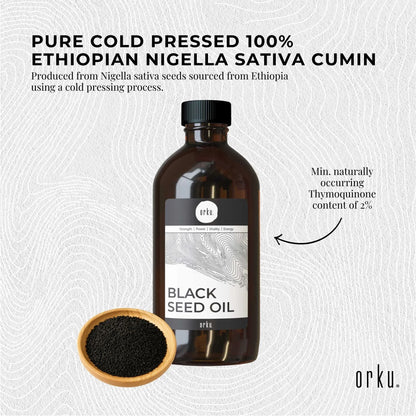 Amber bottle of Orku black seed oil shown standing upright