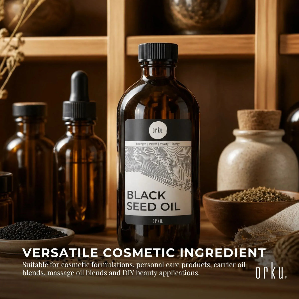 Amber bottle of Orku black seed oil shown standing upright