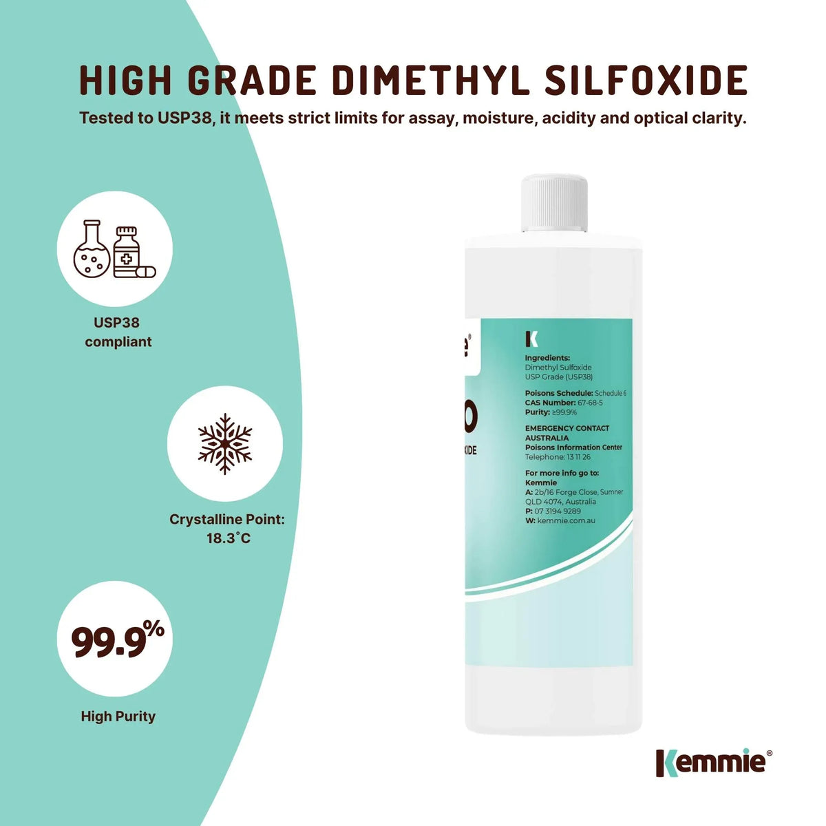 Clear bottle of 99.9% pure DMSO liquid