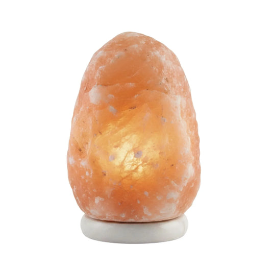 Natural Himalayan pink salt lamp with wooden base and clear bulb