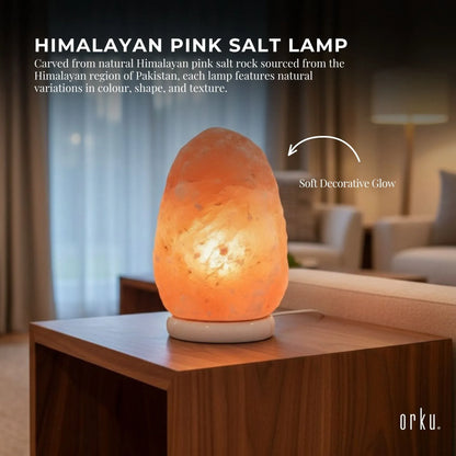 Natural Himalayan pink salt lamp with wooden base and clear bulb