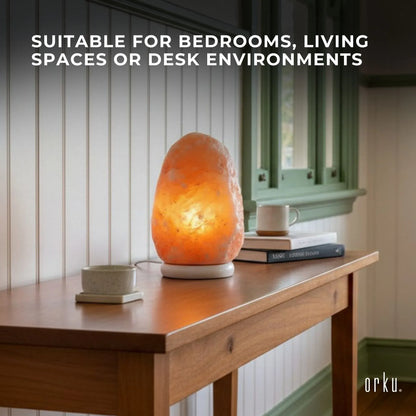 Natural Himalayan pink salt lamp with wooden base and clear bulb