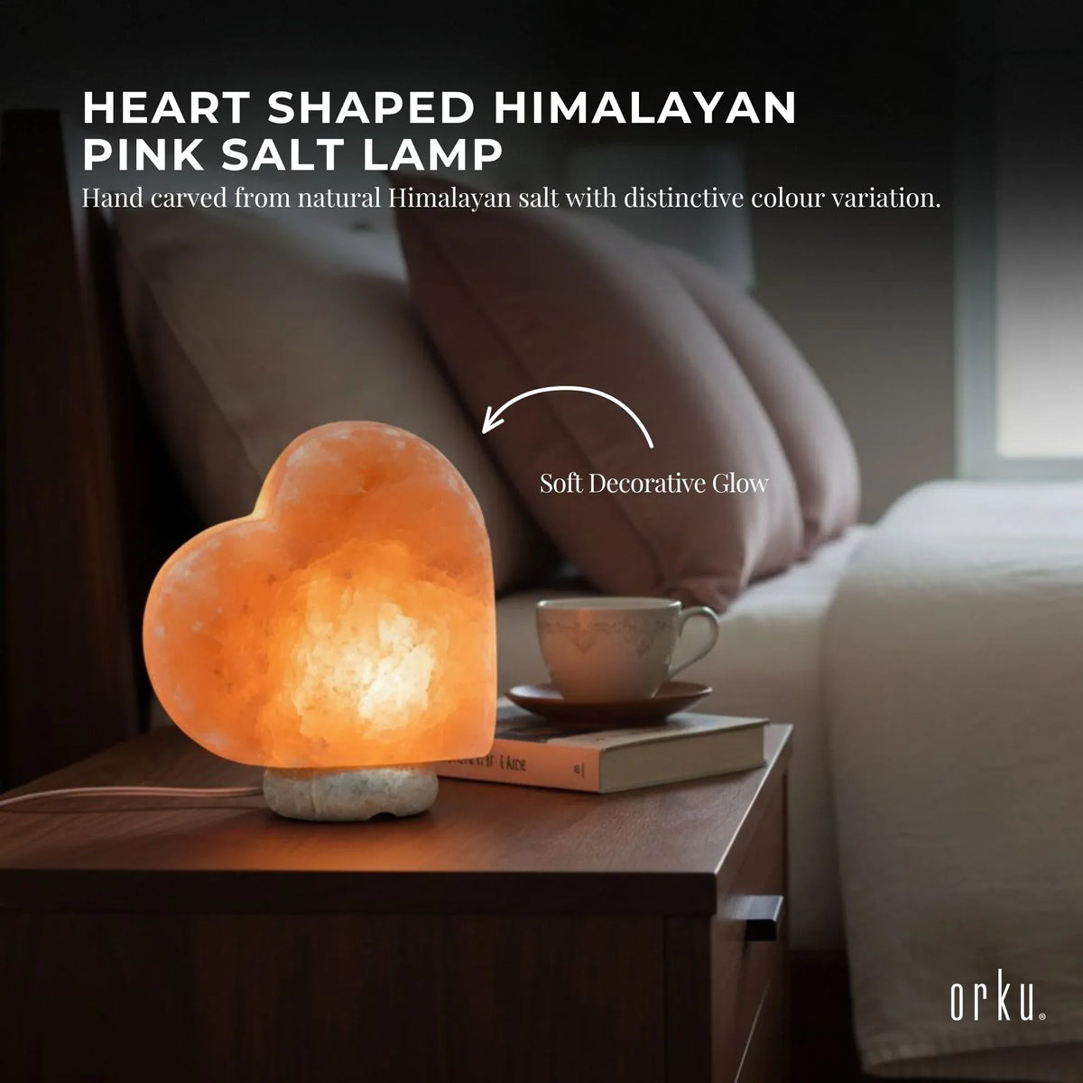 Heart shaped Himalayan pink salt lamp with polished stone base and clear bulb