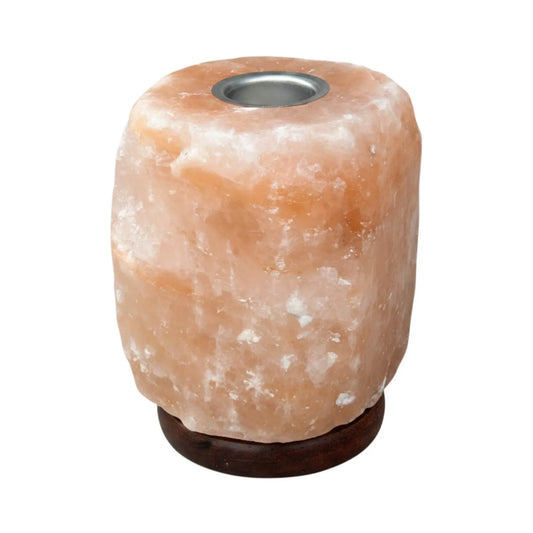 Himalayan pink salt lamp with wooden base, oil cup and plug switch