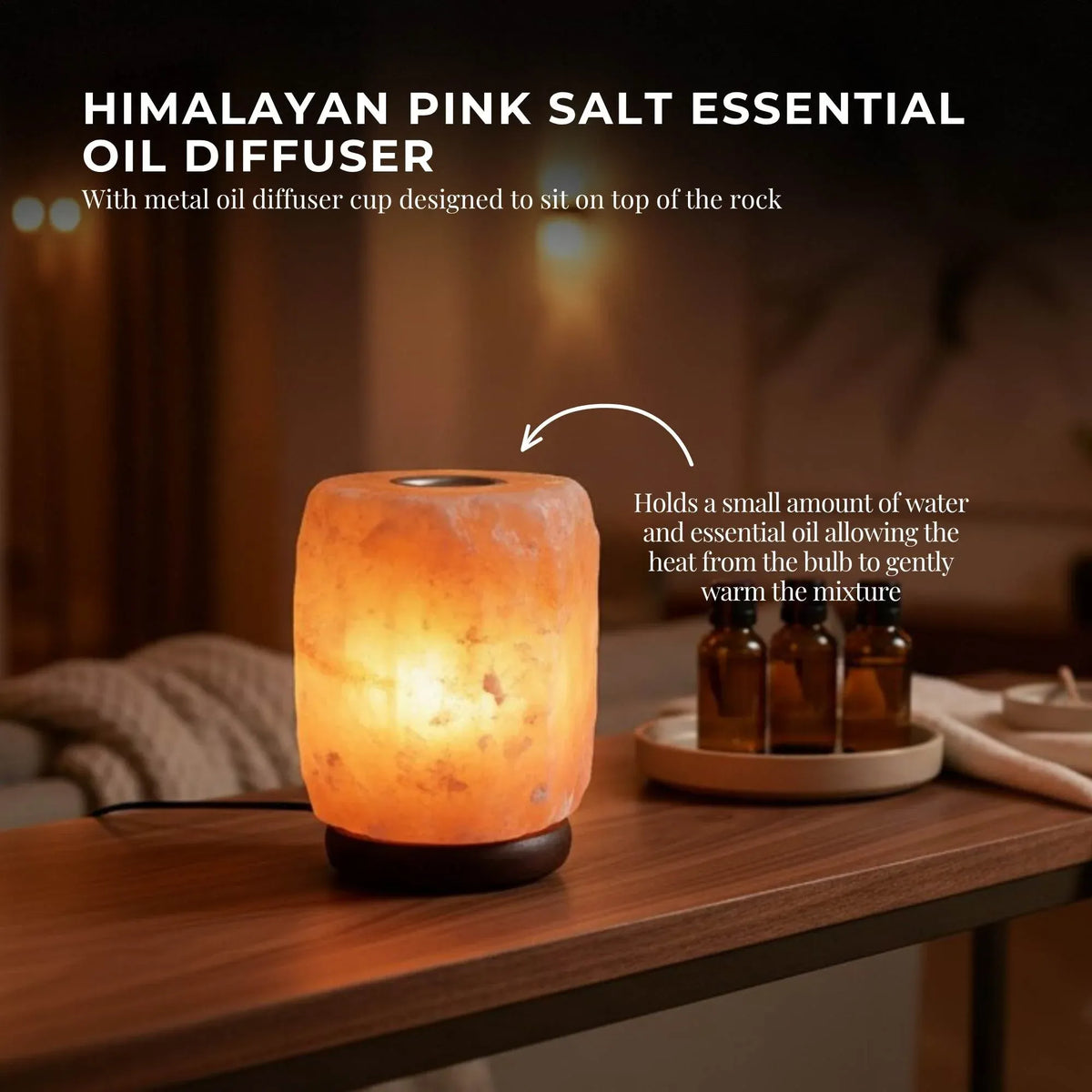 Himalayan pink salt lamp with wooden base, oil cup and plug switch
