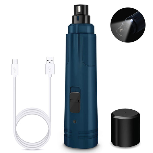 Blue rechargeable pet nail grinder with LED light and ergonomic body