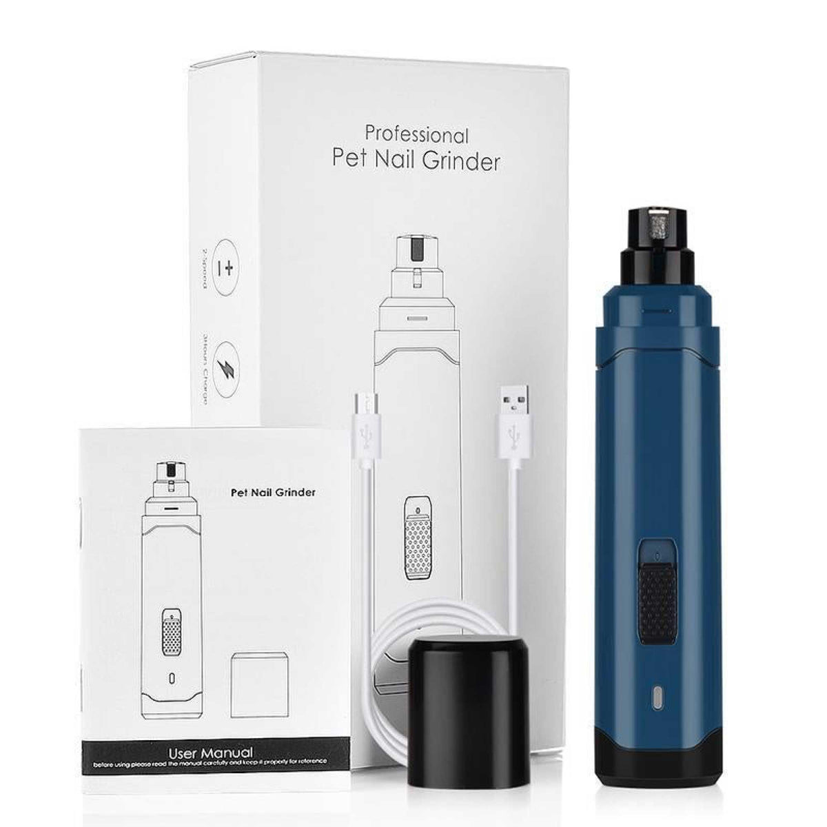 Blue rechargeable pet nail grinder with LED light and ergonomic body