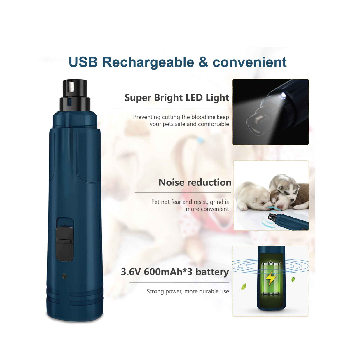 Blue rechargeable pet nail grinder with LED light and ergonomic body