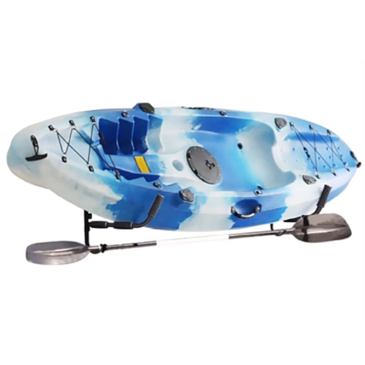 Black steel wall rack hooks for storing a kayak or surfboard