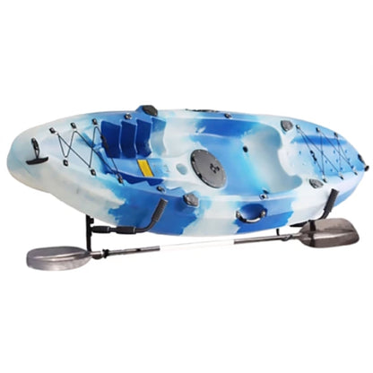 Black steel wall rack hooks for storing a kayak or surfboard