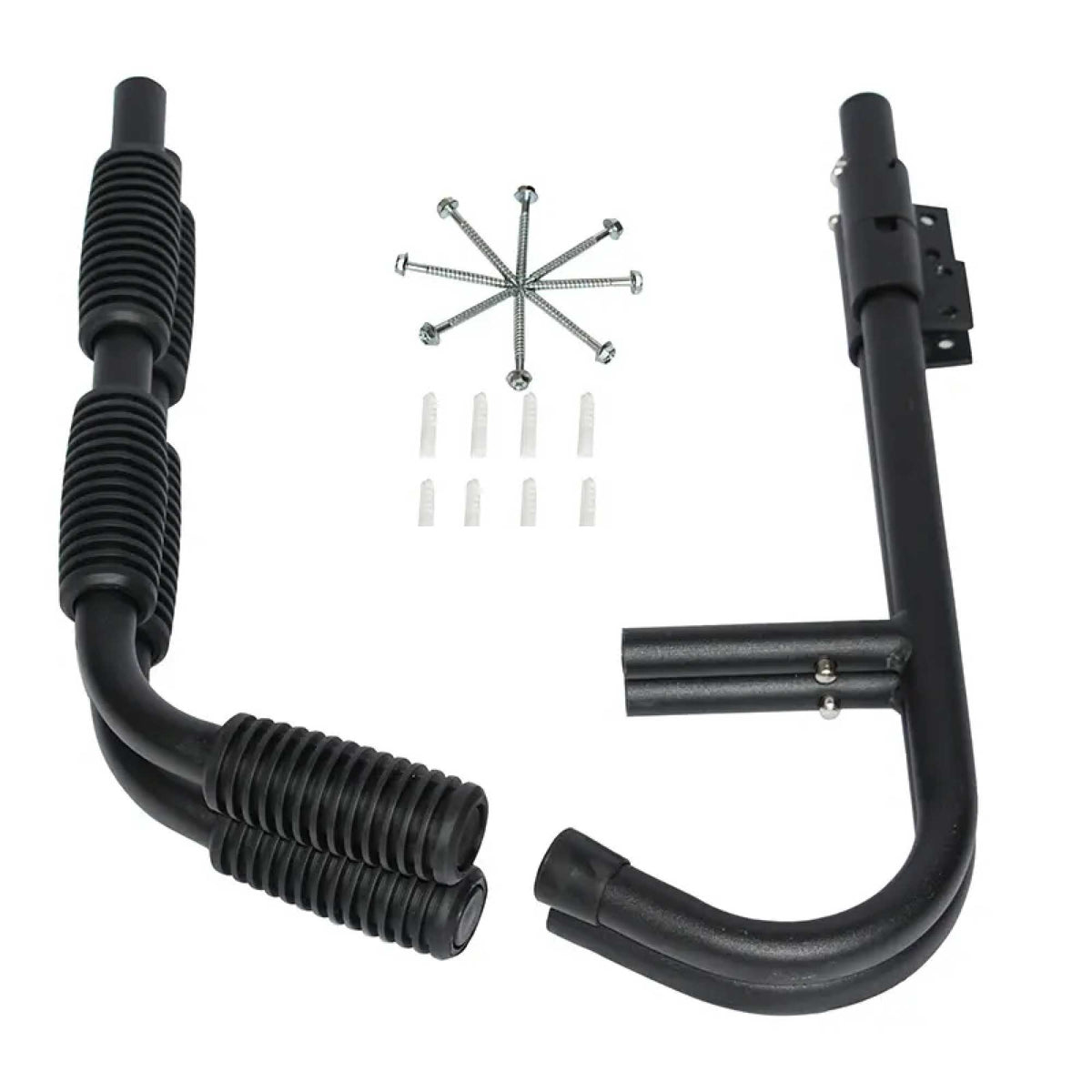 Black steel wall rack hooks for storing a kayak or surfboard