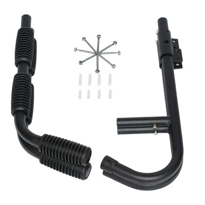 Black steel wall rack hooks for storing a kayak or surfboard