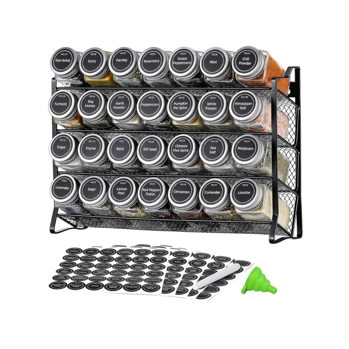 Black 4-tier metal spice rack with 28 glass jars and labels