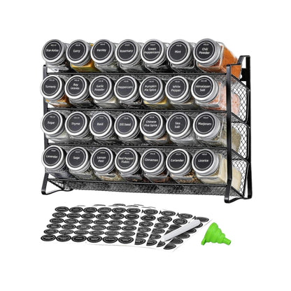 Black 4-tier metal spice rack with 28 glass jars and labels